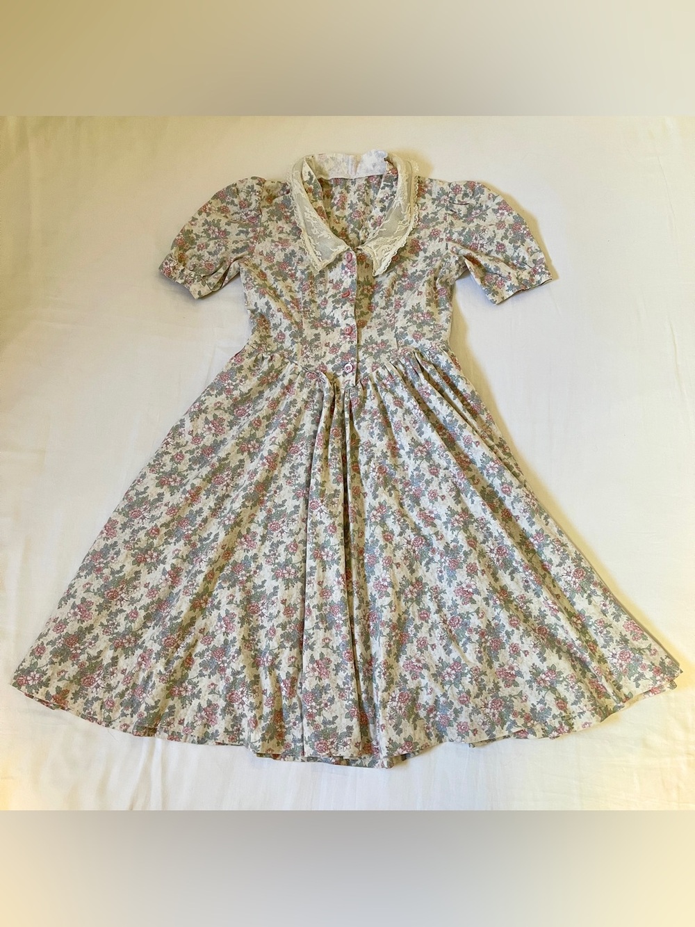 Darling Homemade Vintage 1950s–1960s Floral Puff Sleeve Lace Collar Mini Dress
